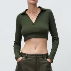 Olive green cropped collared long sleeve shirt from Zara size medium